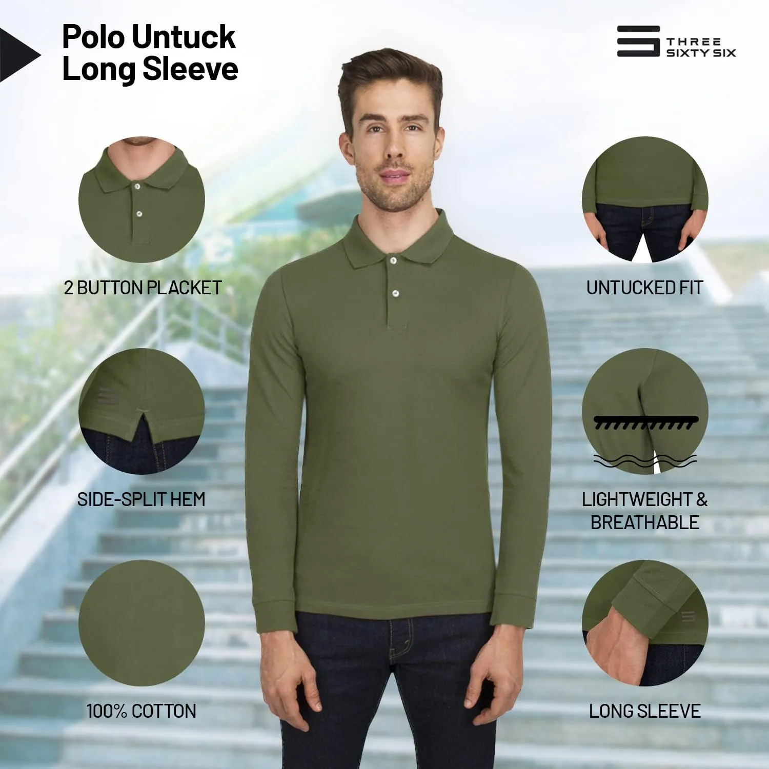 Three Sixty Six Men’s Untucked Casual Long Sleeve Polo - Collared Untuck Shirt with Two Button Placket and Stretch Fabric