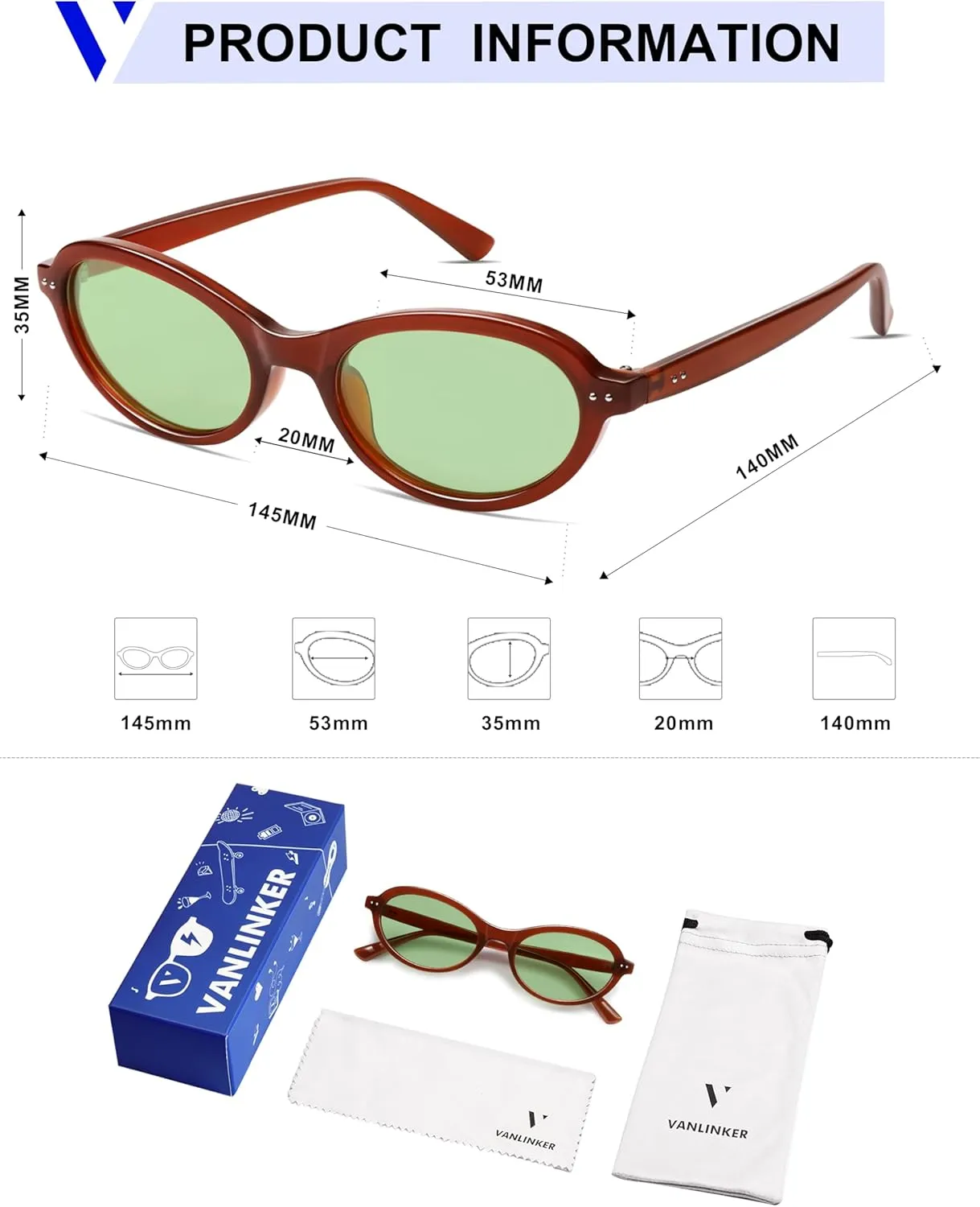 VANLINKER Trendy Oval Polarized Sunglasses for Women Men Small 90s Style Retro Cat Eye Frame Narrow Sleek Design VL9847