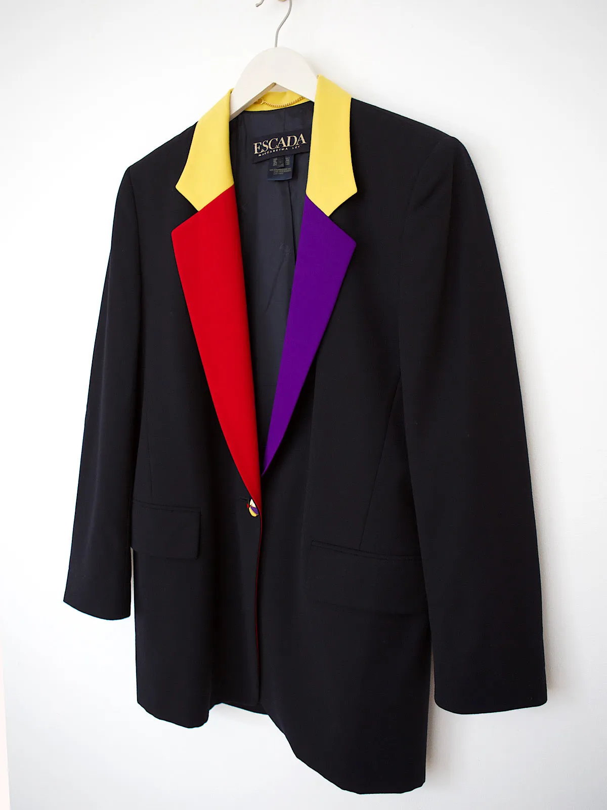 Vintage Escada black wool smart blazer jacket multicoloured details