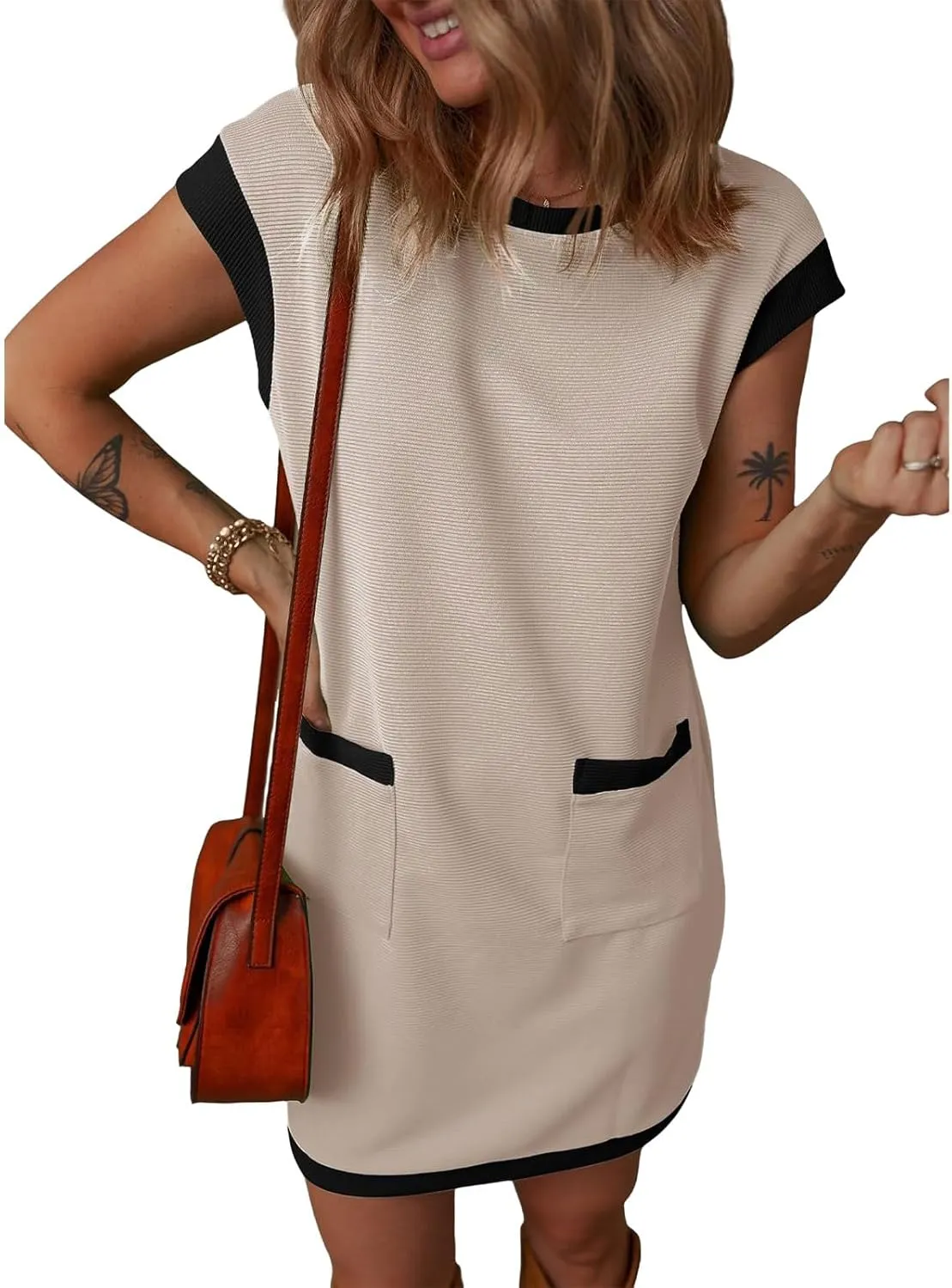 Women's Casual Summer Dress Contrast Color Elegant Short Sleeve Knit Crewneck Mini Dress with Pocket