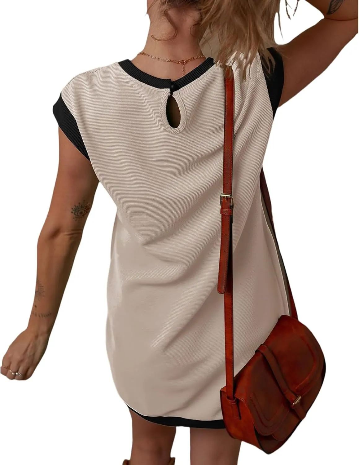 Women's Casual Summer Dress Contrast Color Elegant Short Sleeve Knit Crewneck Mini Dress with Pocket