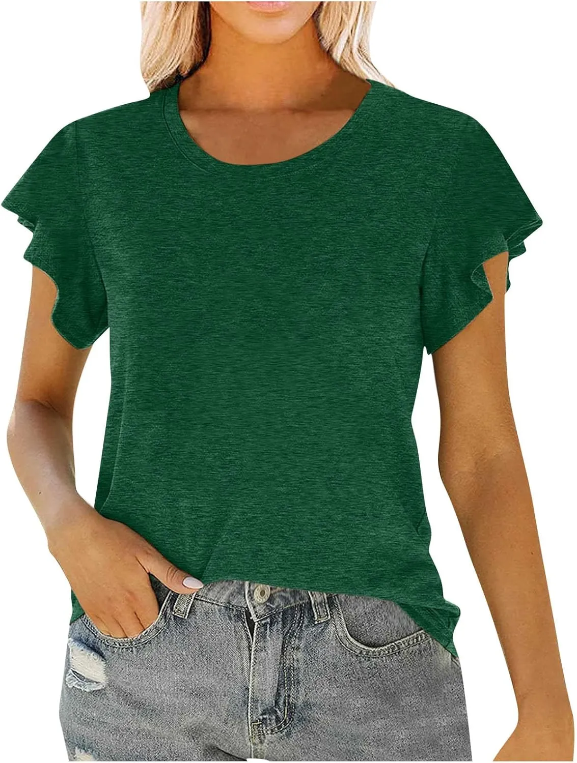 Womens Crew Neck T Shirts Ruffle Short Sleeve Summer Tops Cute Solid Color Casual Blouses 2025 Spring Clothes