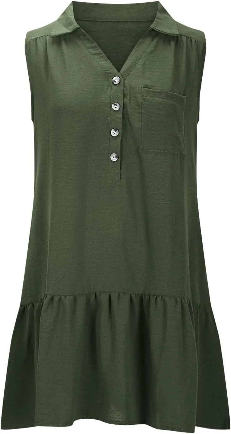 Womens Dresses Summer Casual Button Up V Neck Sleeveless Flowy Midi Sundress Spring Trendy A Line Ruffled Hem Tank Dress
