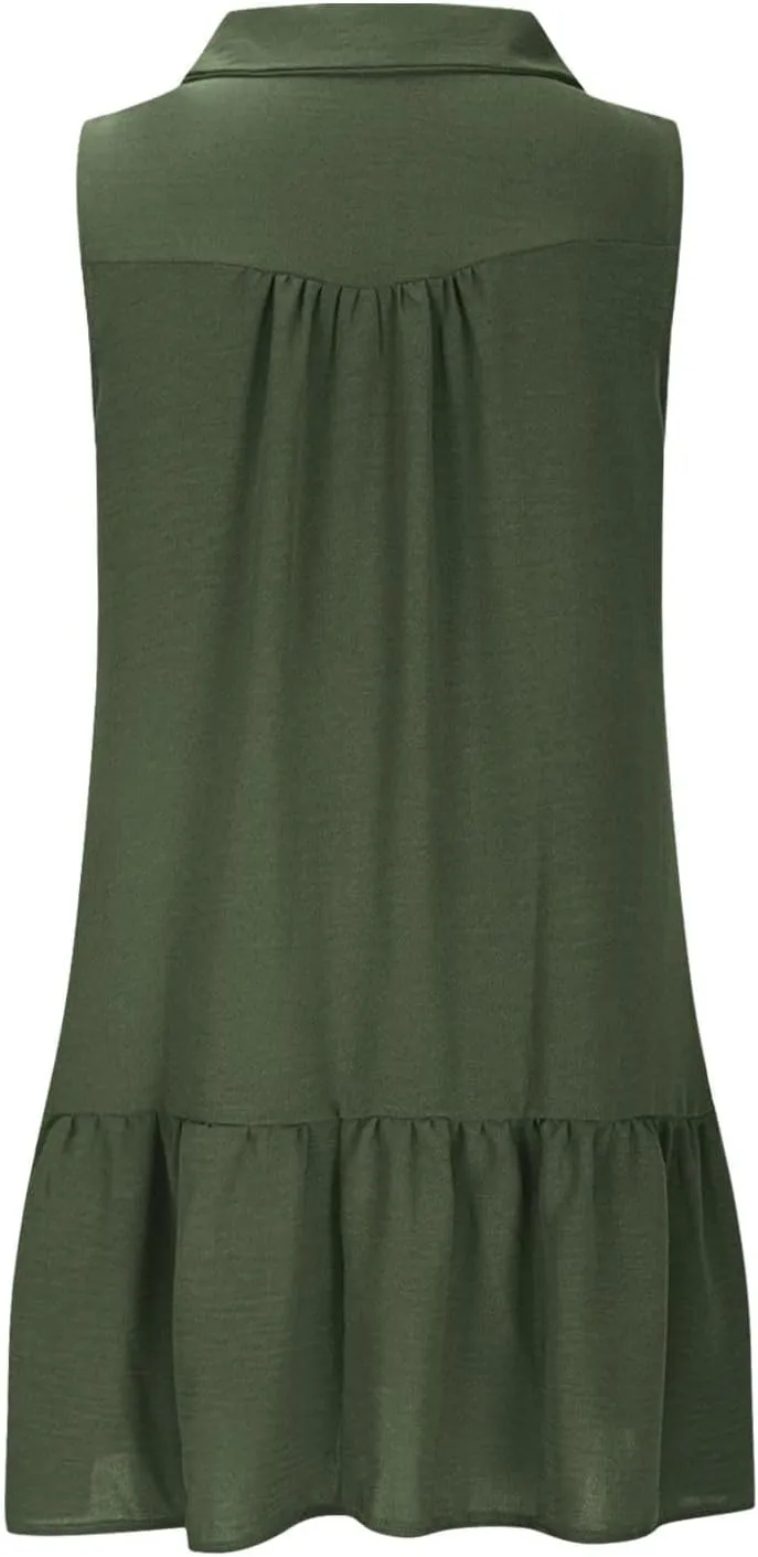 Womens Dresses Summer Casual Button Up V Neck Sleeveless Flowy Midi Sundress Spring Trendy A Line Ruffled Hem Tank Dress