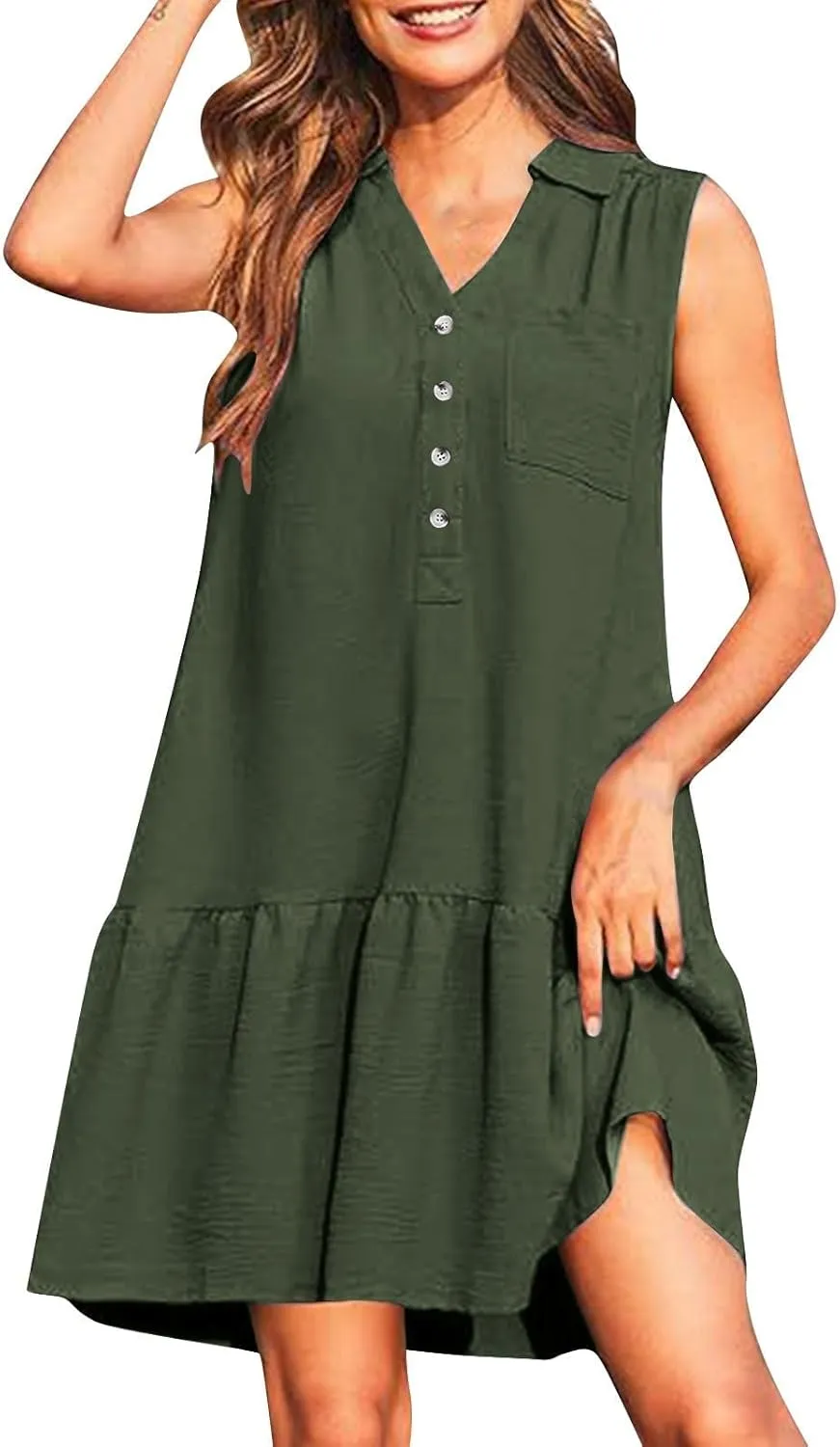 Womens Dresses Summer Casual Button Up V Neck Sleeveless Flowy Midi Sundress Spring Trendy A Line Ruffled Hem Tank Dress