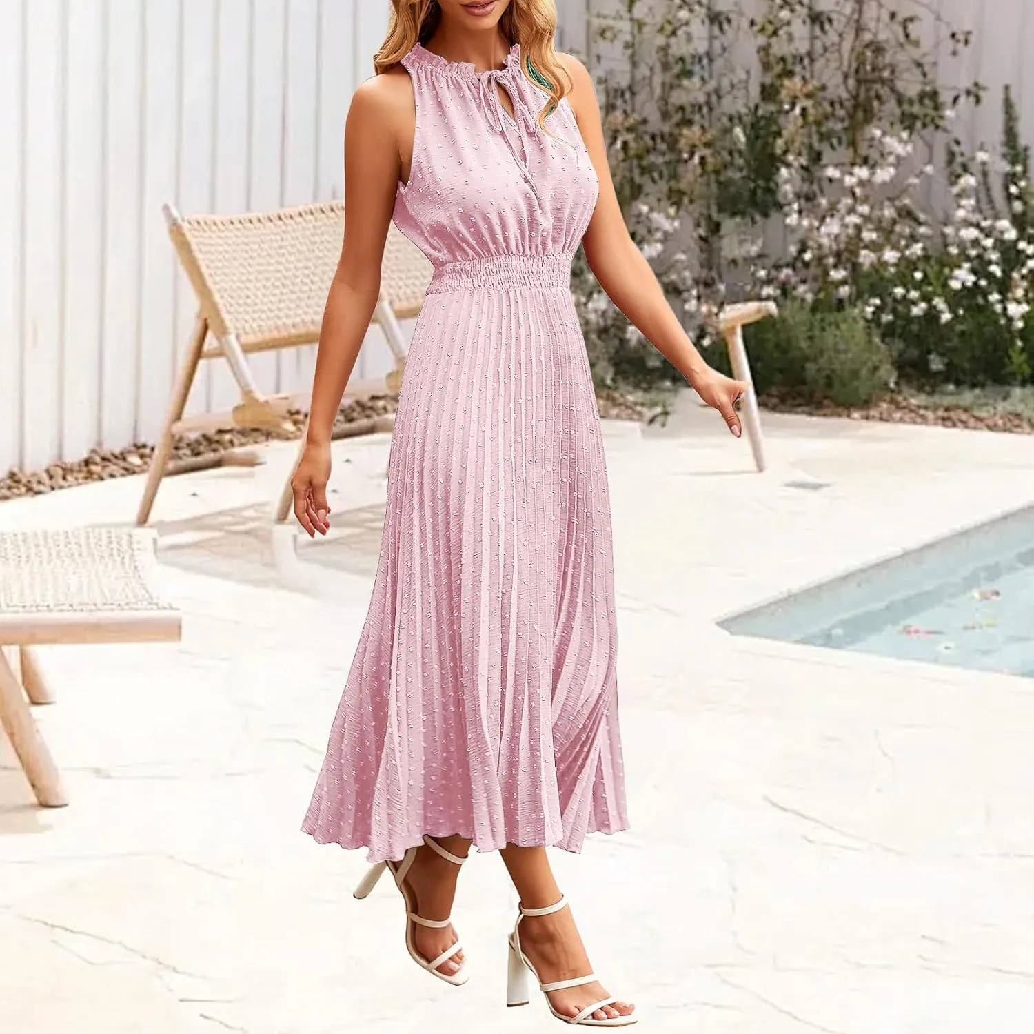 Women's Dresses Summer Ruffle V Neck Tie Dot Dresses Sleeveless A Line Maxi Dress Smocked Waist Plaeted Flowy Dress