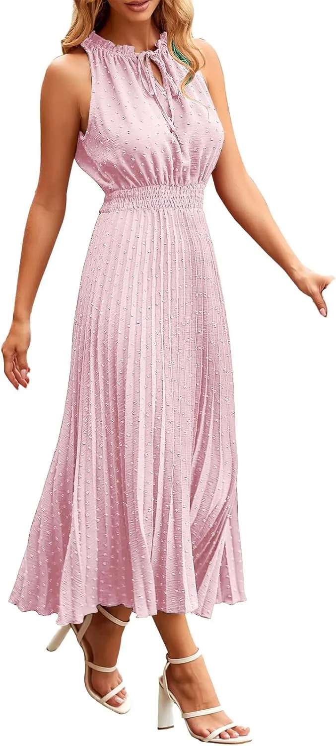 Women's Dresses Summer Ruffle V Neck Tie Dot Dresses Sleeveless A Line Maxi Dress Smocked Waist Plaeted Flowy Dress