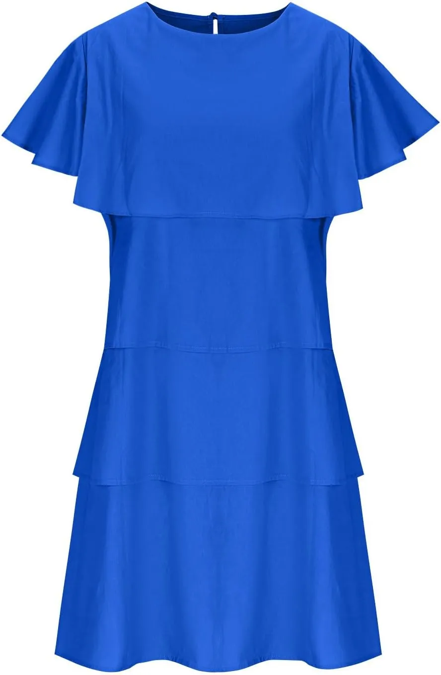 Womens Elegant Ruffle Tiered Dress Elegant Crewneck Flowy Midi Sundress Causal Beach Sun Dress Wedding Guest Dresses
