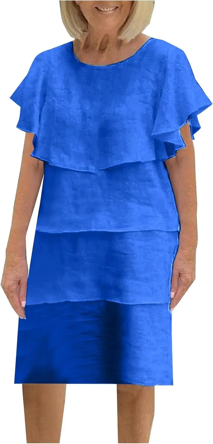 Womens Elegant Ruffle Tiered Dress Elegant Crewneck Flowy Midi Sundress Causal Beach Sun Dress Wedding Guest Dresses