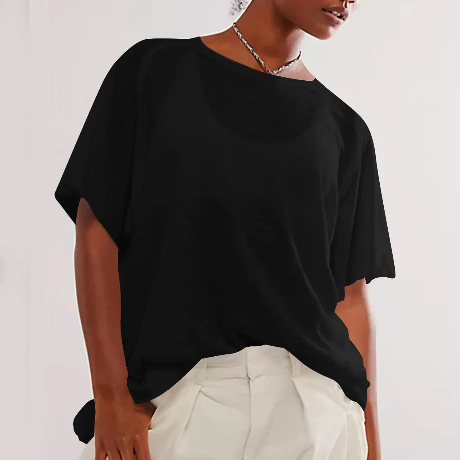 Womens Oversized T Shirts Loose Fit Crewneck Petal Short Sleeve Cotton Summer Tops Basic Tees Trendy Baggy T-Shirt