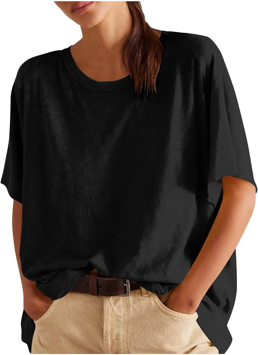Womens Oversized T Shirts Loose Fit Crewneck Petal Short Sleeve Cotton Summer Tops Basic Tees Trendy Baggy T-Shirt