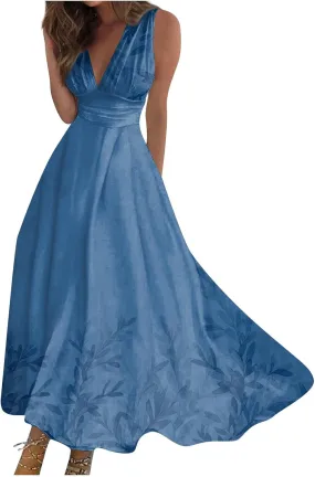 Women's Sleeveless Deep V Neck Floral Print Maxi Dresses Pleated High Waist Party Evening Long Dress