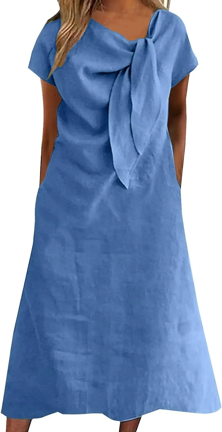 XOWRTE Women's 2025 Spring Summer Casual Maxi Dress Beach Vacation Short Sleeve Tie Crewneck Basic Long T Shirt Dresses